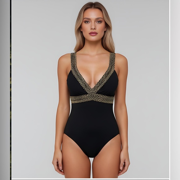 Gold Trim One Piece Swim Suit Bathing Suit - Picture 4 of 9